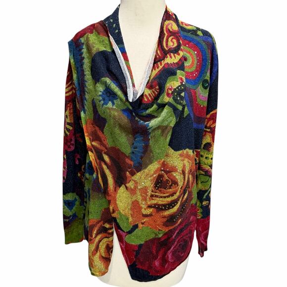 Desigual Beni Cardigan Sweater Women M Multicolor Floral Asymmetrical Boho Artsy - Picture 2 of 15